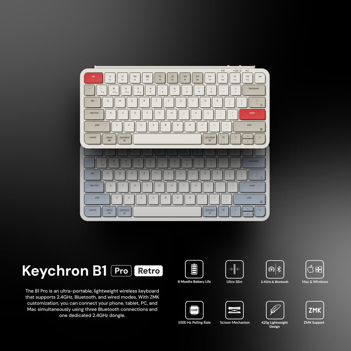 Paket Sleeves Keychron B1 Pro Retro Ultra-slim Wireless Keyboard iPad Tablet Android Wireless Bluetooth, Dongle 2.4GHz & Wired