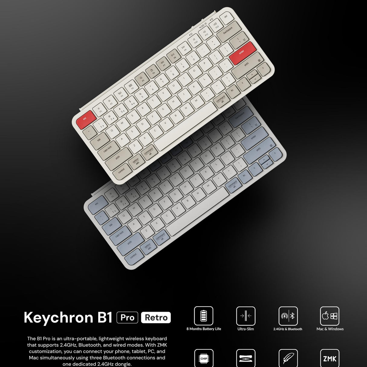 Paket Sleeves Keychron B1 Pro Retro Ultra-slim Wireless Keyboard iPad Tablet Android Wireless Bluetooth, Dongle 2.4GHz & Wired